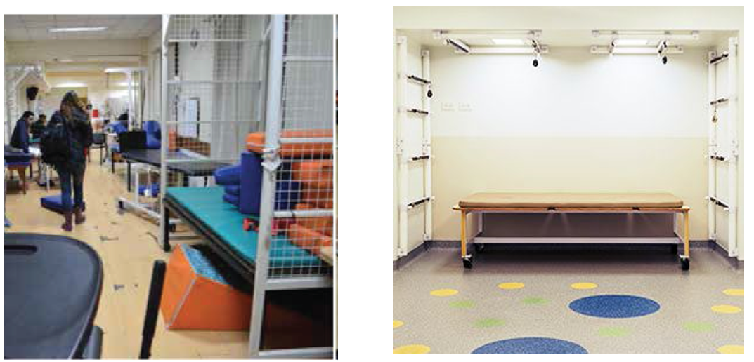 two photos, the left showing the rehab cage before the change, with a cold, tile floor. On the right, it's in a bright room and looks less like a cage
